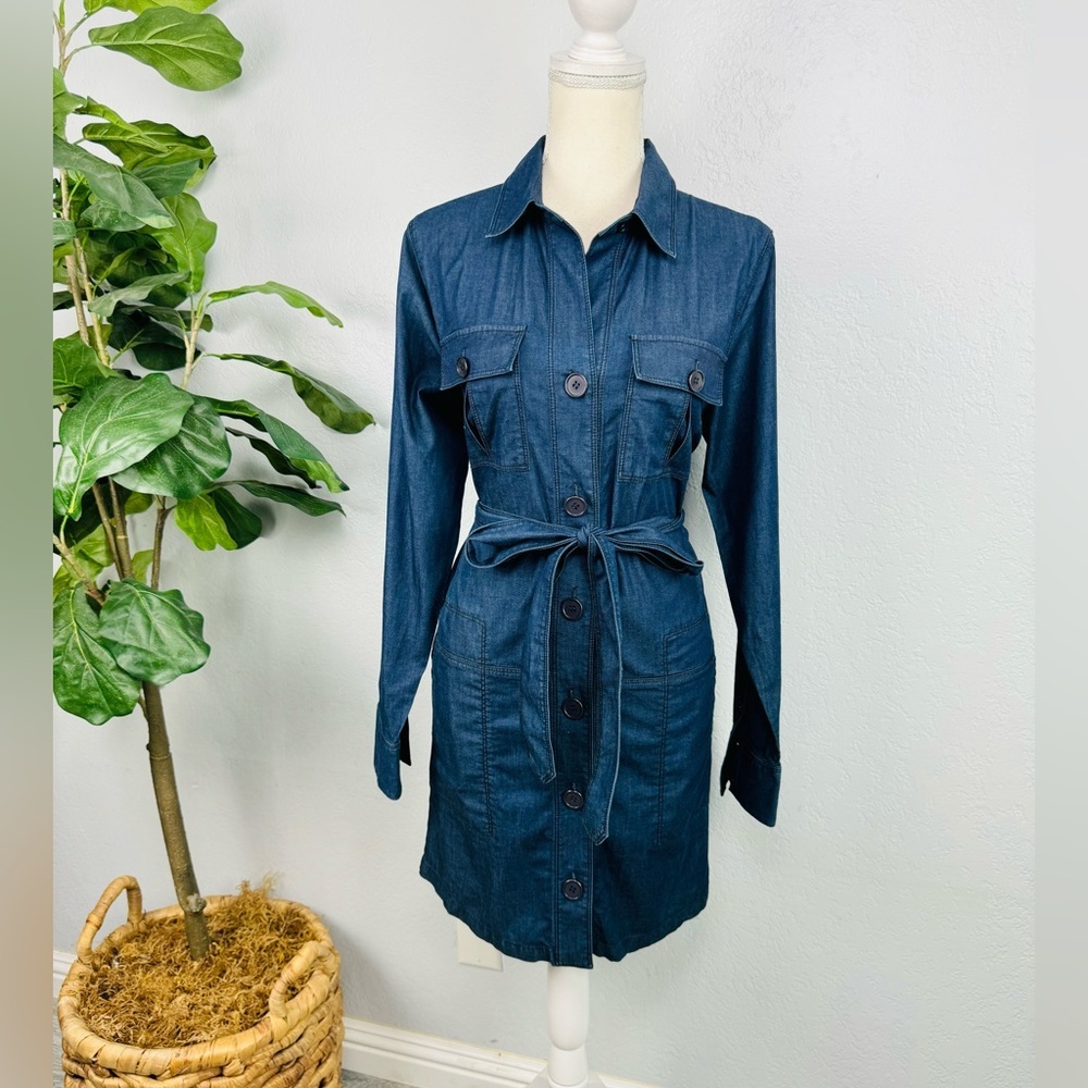 Theory Julissa Shirt Dress Dark Wash Denim Long Sleeves Pckets Belted Size 12